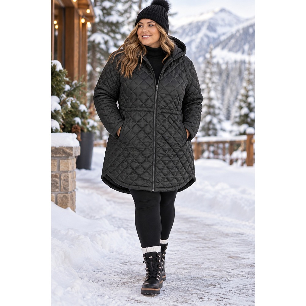 Athleta Whisper Featherless Parka Jacket Women 1X Black Hooded Puffer Quilted